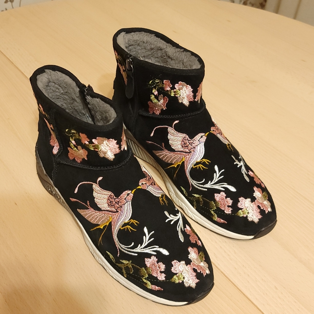 Ash Suede Sneakers Booties with Hummingbird Embroidery